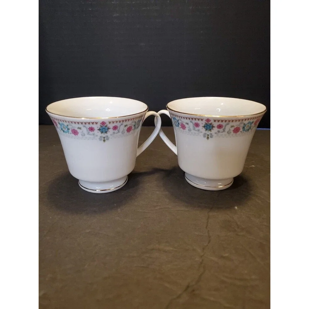 Qing Yuan Tea Cup and Saucer, Pink and Blue Floral Chinese Export VTG 2 Pc Set